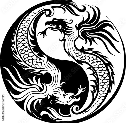 SVG vector features a traditional Japanese dragon (Ryu).  Yin Yang Dragon Design with Intricate Black and White Style
