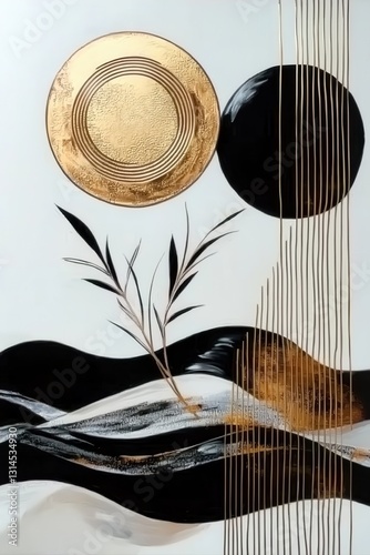 minimalist collage - black leaf silhouette, moon, and textured geometric panels in contrast