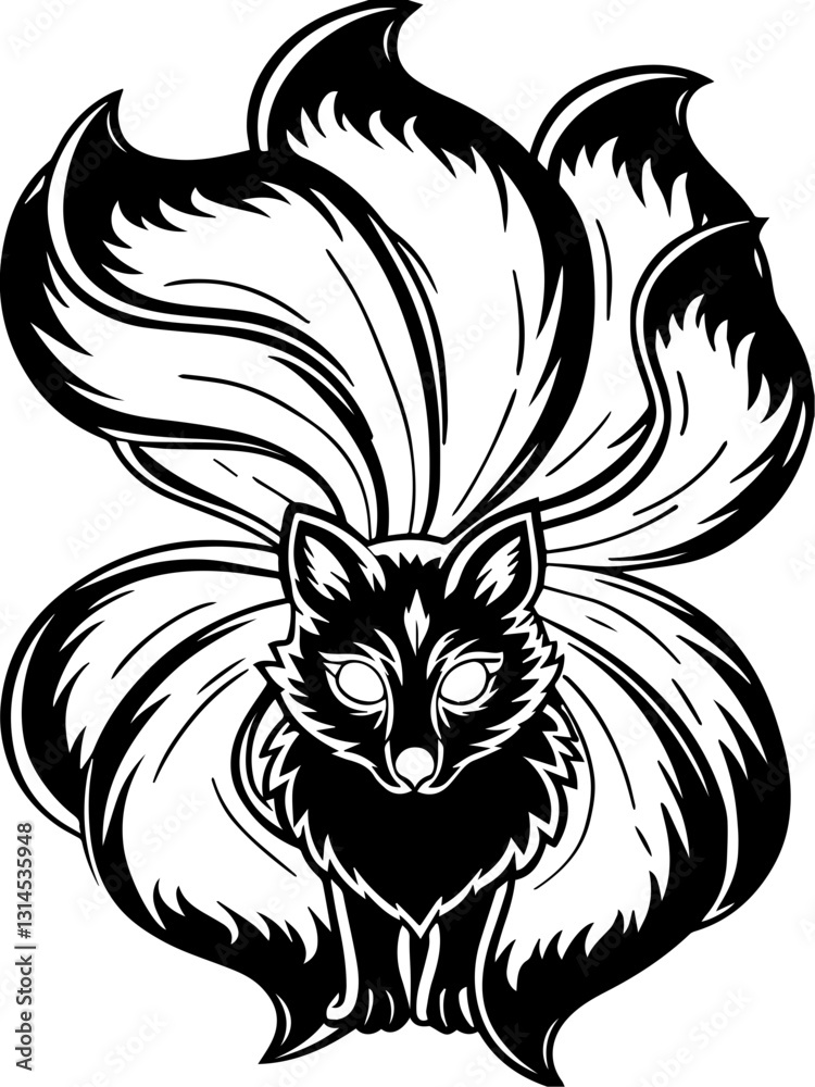 Fototapeta premium SVG vector features Japanese spirits and Yokai. Intricate Black and White Fox Illustration with Flowing Fur