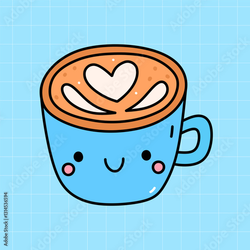 Kawaii cappuccino cup isolated on a blue background. Vector hand-drawn illustration in doodle style. Cute character. Perfect for cards, decorations, stickers, logo, various designs.