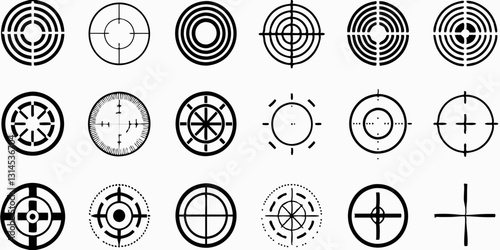 Black and white icons, crosshairs, targets, bullseyes, precision symbols