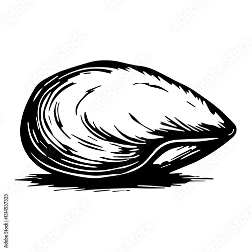 Minimalistic mussel icon with a smooth shell design for seafood restaurant menu and marine branding