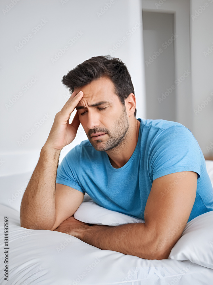 man in bed at home suffering from headache man in bed at home suffering from headache