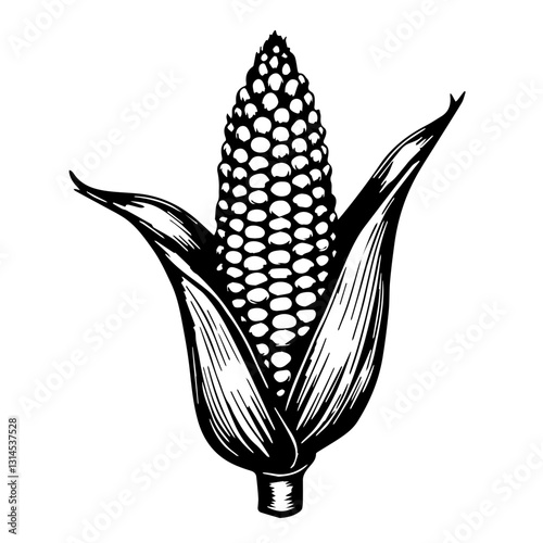 Hand-drawn corn icon with husks partially peeled for organic food branding and farm applications