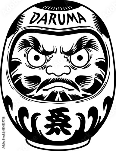 SVG vector features Japanese symbols and cultural elements. Traditional Daruma Doll Emblem with Expressive Face Design