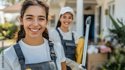 Cheerful Young Janitors Ready to Clean with Smiles and Tools
