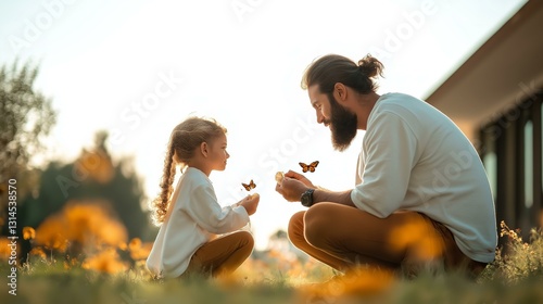 Father and Daughter Sharing a Magical Moment with Butterflies