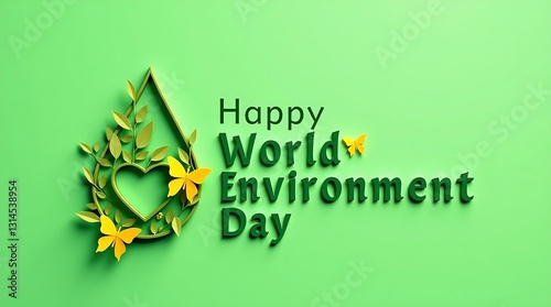 Stylized World Environment Day design with a green gradient background, nature-inspired elements, a heart-shaped water droplet, and eco-friendly typography.