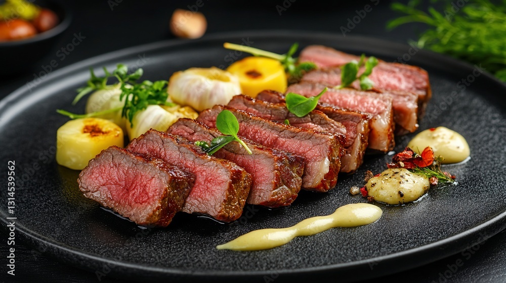 Sliced steak, roasted potatoes, sauce, dark plate Sliced steak, roasted potatoes, sauce, dark plate