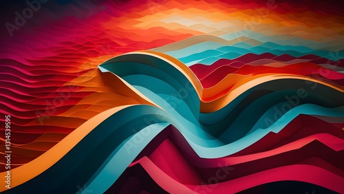 Vibrant Abstract Landscape With Layered Curves and Waves in Various Colors at Sunset
