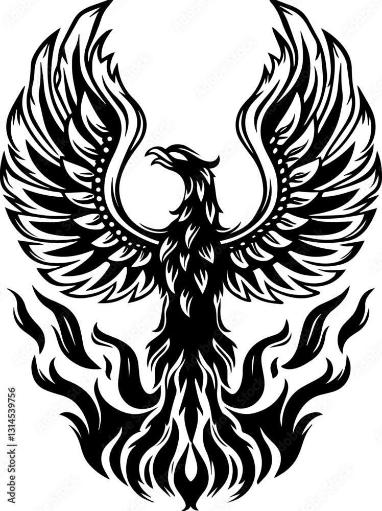 SVG vector features traditional Japanese waves and dragons. Majestic Black Phoenix Rising from Flames in Stylized Design SVG vector features traditional Japanese waves and dragons. Majestic Black Phoenix Rising from Flames in Stylized Design