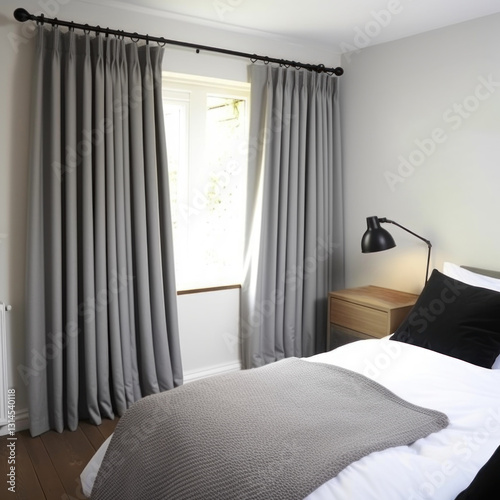 Modern room interior with grey curtains and simple bed, bedroom minimal design