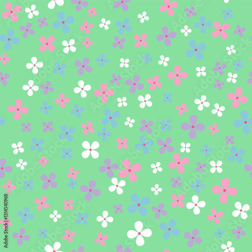Small flowers isolated on a green background. Seamless pattern, flat style. Floral background for paper, cover, textile, gift wrap, wallpaper. 