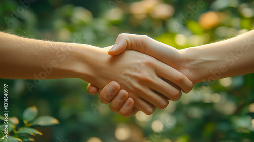 Close-up of an outdoor handshake, both hands held naturally and casually