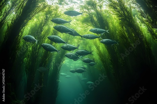 Underwater Adventure in Lush Kelp Forest with School of Fish photo