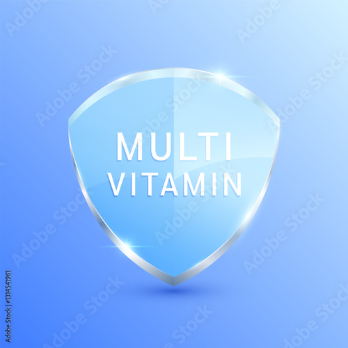 Multivitamin or vitamins complex shield. Used for design dietary supplement products. Medical health care immunity protection concept. Vector.