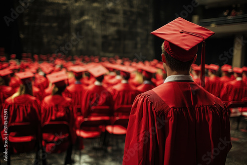 Man in red cap and gown standing proudly with diploma in hand. Graduation ceremony cheering crowd in the background, under clear blue sky.