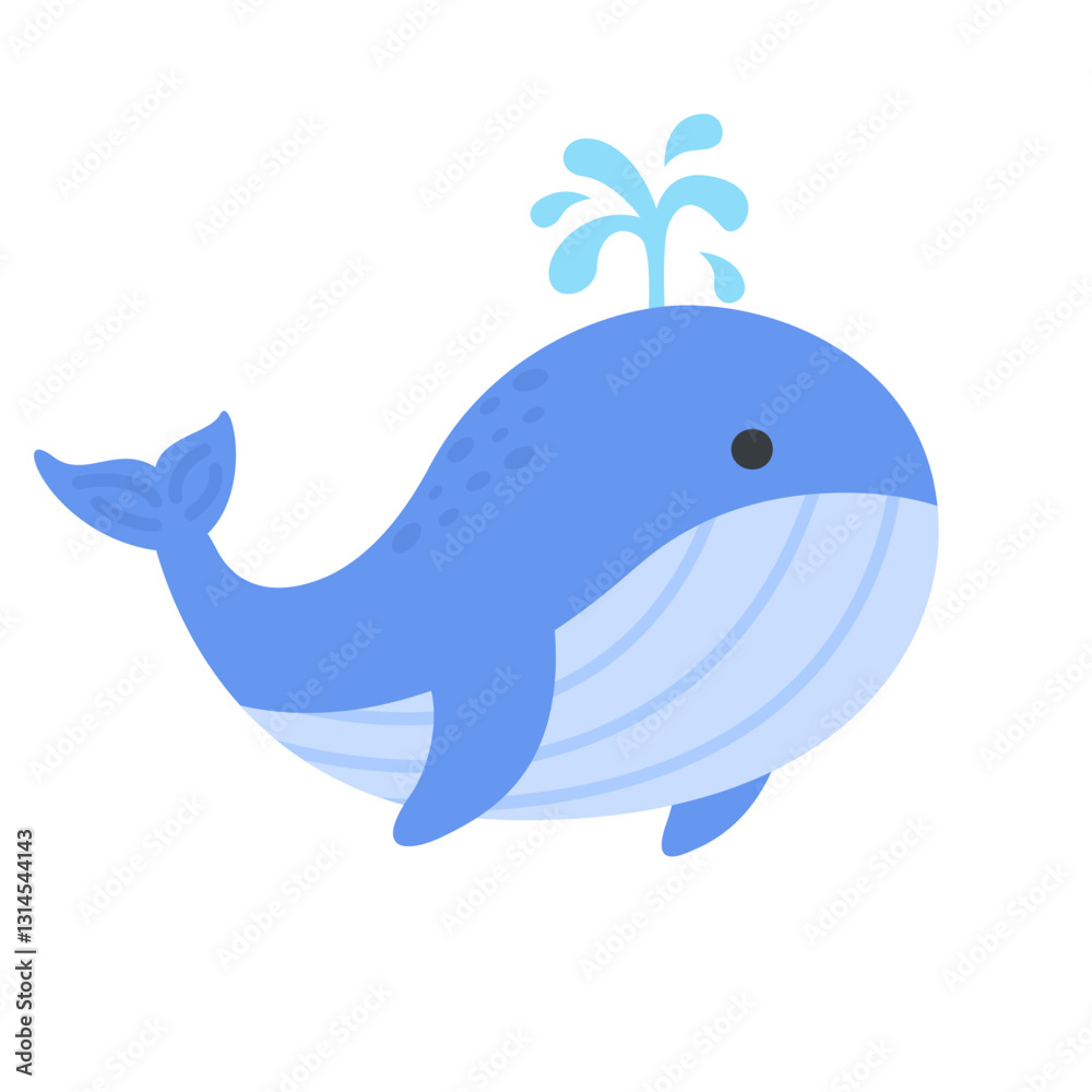 Cute Blue Whale Cartoon with Water Spout and Smiling Face Cute Blue Whale Cartoon with Water Spout and Smiling Face