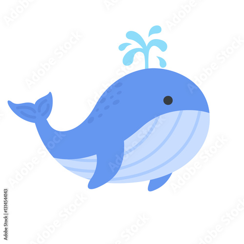 Cute Blue Whale Cartoon with Water Spout and Smiling Face