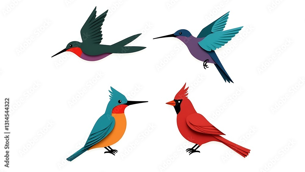 Naklejka premium Four stylized birds in a layered paper-cut style: a green-red swallow, a teal-purple hummingbird, a blue-orange kingfisher, and a red cardinal, set in a grid layout.