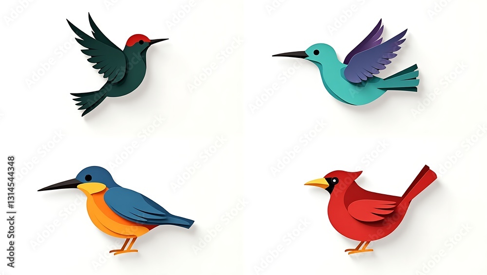 Obraz premium Four stylized birds in a layered paper-cut style: a green-red swallow, a teal-purple hummingbird, a blue-orange kingfisher, and a red cardinal, set in a grid layout.