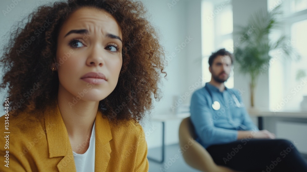 Concerned Young Woman Reflecting in Calm Office Environment