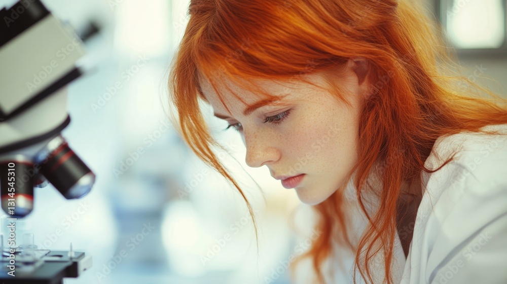 Fototapeta premium Young Woman with Fiery Red Hair Deep in Thought at Microscope