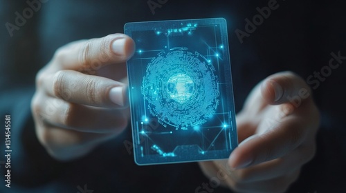 Close-Up of Hands Holding a Biometric Smart Card with Digital Design