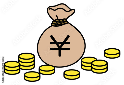 円のお金袋と硬貨のベクターイラスト