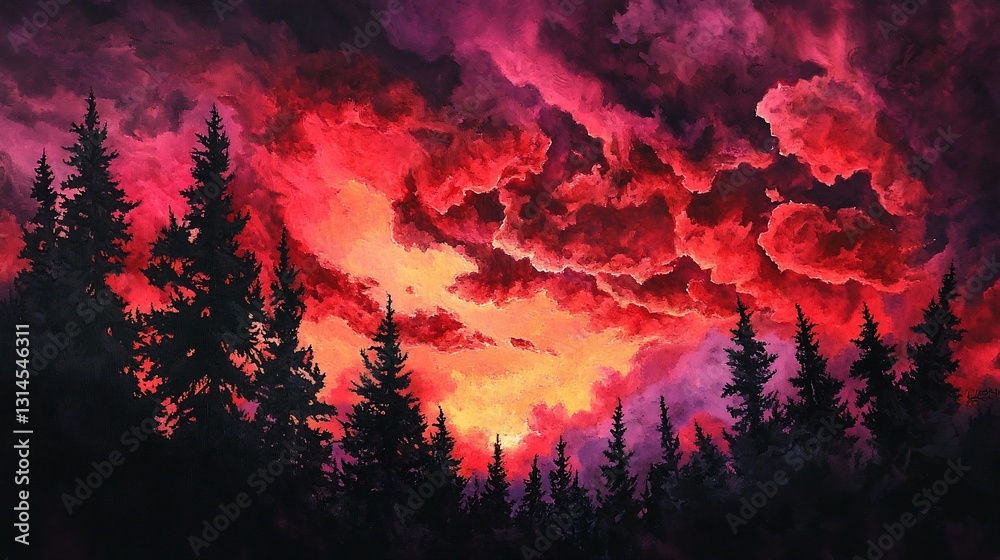 Dramatic Sunset Over Forest: A Fiery Sky Painted with Vivid Colors Dramatic Sunset Over Forest: A Fiery Sky Painted with Vivid Colors