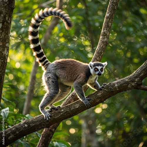 Lemur on Branch: The dynamic presence of a ring-tailed lemur, its distinctive striped tail elegantly curved, perched confidently on a tree branch.