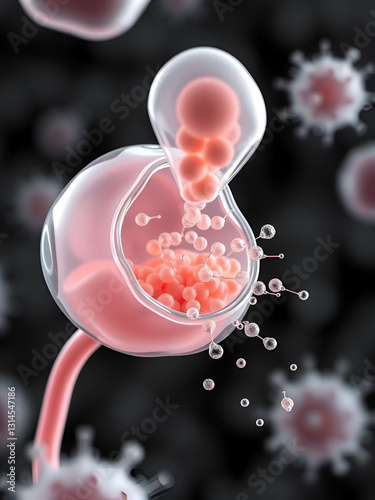 Release of sporozoites from Cryptosporidium parvum oocyst, 3D illustration. Cryptosporidium is a protozoan, microscopic parasite, the causative agent of the diarrheal disease cryptosporidiosis photo