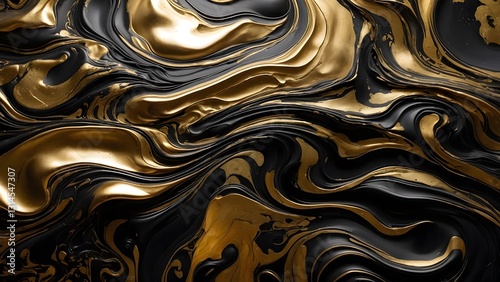 Swirling Patterns of Black and Gold Create a Striking Abstract Design in a Contemporary Style