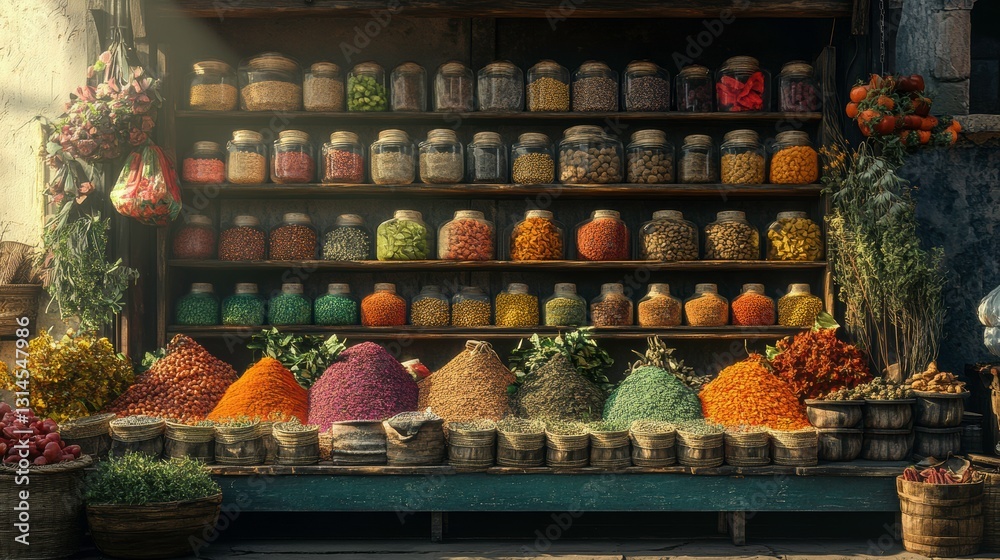 A vibrant market display showcasing jars of spices and colorful piles of dried herbs, creating an inviting and aromatic atmosphere. A vibrant market display showcasing jars of spices and colorful piles of dried herbs, creating an inviting and aromatic atmosphere.