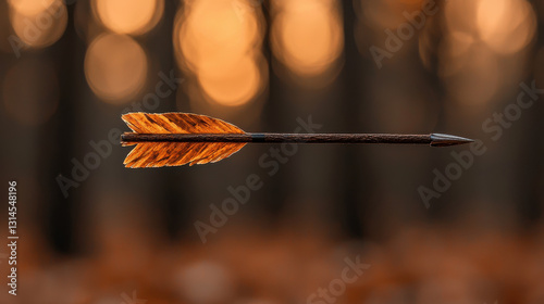 arrow flying through air towards target, showcasing its sharp tip and vibrant fletching against blurred forest background. warm colors evoke sense of adventure and focus