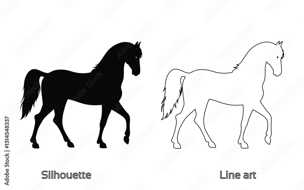 A silhouette of a running horse, hand drawn horse outline illustration A silhouette of a running horse, hand drawn horse outline illustration
