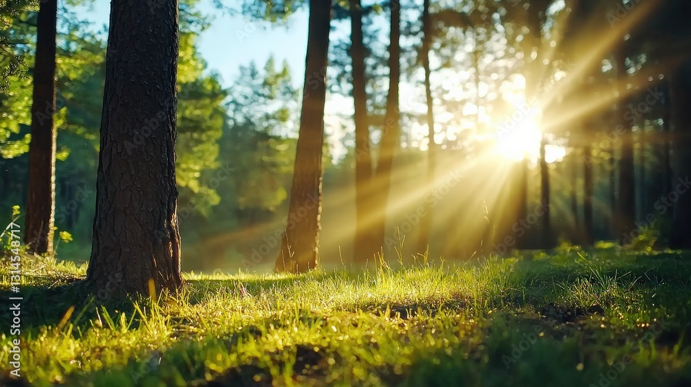 Obraz premium Sunlight filtering through forest trees