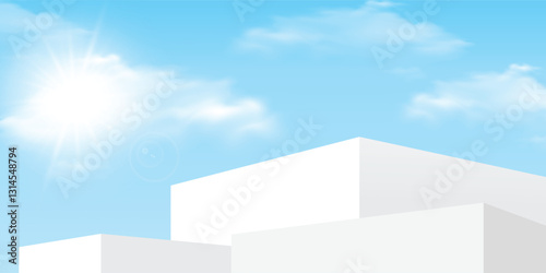 Sky Blue Cloud Background, White Podium Platform Step, Minimal 3d Display for Summer Cosmetic Product Presentation Banner Design, Vector Scene Nature Landscape of Spring Sky with Building wall
