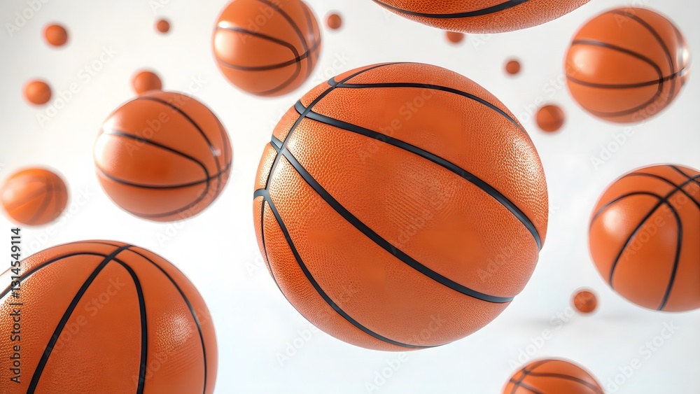 Obraz premium Floating Basketballs in Motion with White Background and Shadows