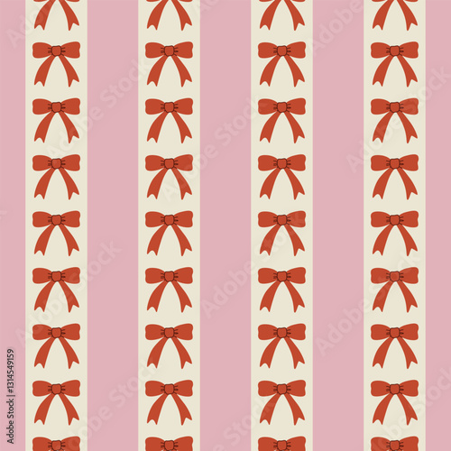 Vintage seamless pattern with stripes and red bows. Vector flat background. Retro coquette aesthetic