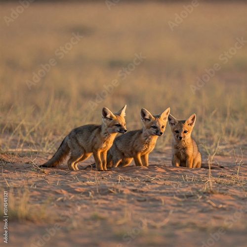 Playful Fox Cubs: A heartwarming view of three adorable fox cubs standing together, their inquisitive eyes catching the golden sunlight of a rural, arid landscape.