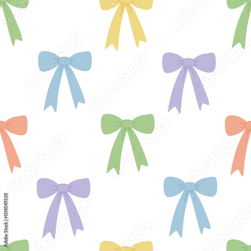 Seamless pattern with pastel colorful hand drawn bows. Vector flat background with ribbons in coquette aesthetic