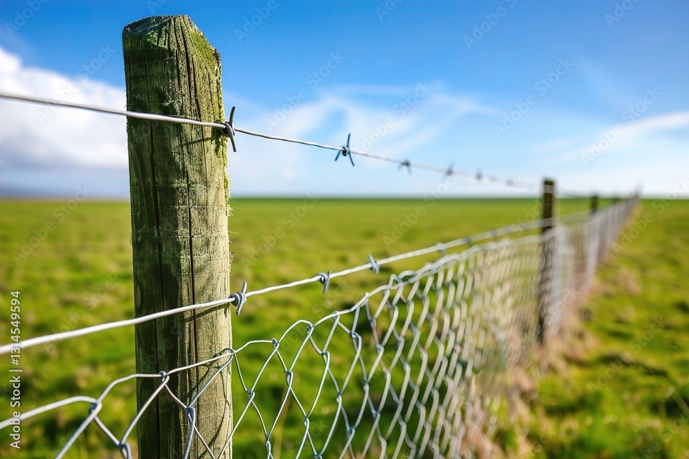 A close-up view of a barbed wire fence against a clear blue sky, set in a lush green landscape. symbolizing land protection and security A close-up view of a barbed wire fence against a clear blue sky, set in a lush green landscape. symbolizing land protection and security