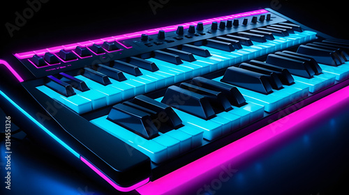 Synth Pop keyboard glowing with neon blue and pink, featuring illuminated equalizer bars and futuristic sound controls. A retro-futuristic blend of electronic music and vibrant lights photo