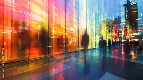 Vibrant city street scene reflected in modern glass