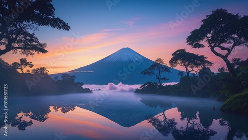Breathtaking 4K Twilight Scene at Mount Fuji with Reflections on the Water photo