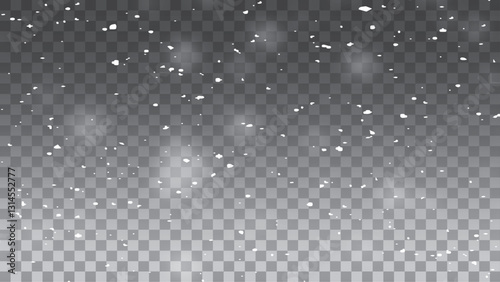 Clear snowflakes and frost white snow particles on isolated transparent background. Vector snowfall stock illustration. 