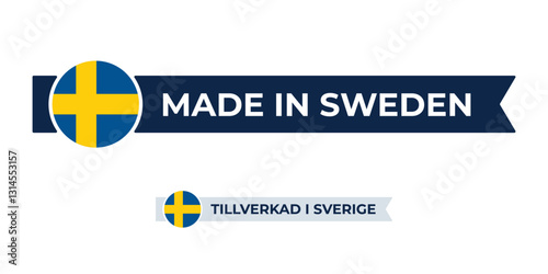 Made in Sweden label with Sweden flag colors. High-quality certification badge for Sweden products, branding, and manufacturing authenticity