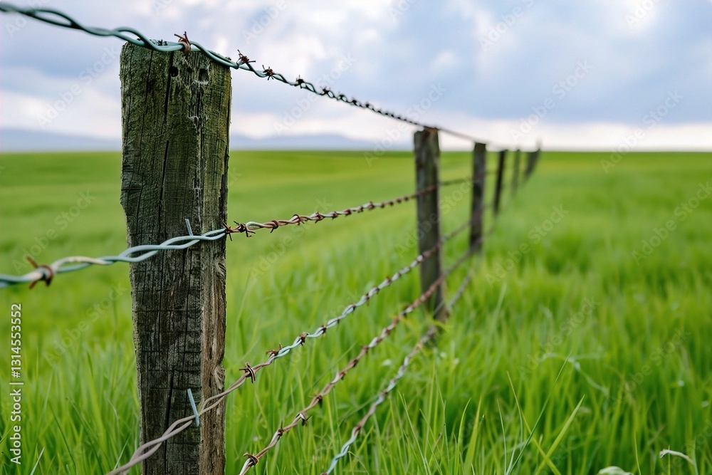 Close-up of a weathered wooden fence post in a lush green field under a cloudy sky. symbolizing land protection and security Close-up of a weathered wooden fence post in a lush green field under a cloudy sky. symbolizing land protection and security