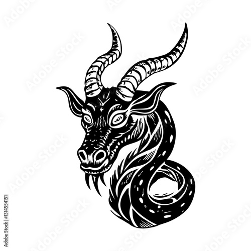 A vintage style illustration of horned serpent